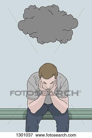 Illustration of man with head in hands and sitting on bench View Large Photo Image Stock Photo - Illustration of man with head in hands and sitting on bench. Fotosearch