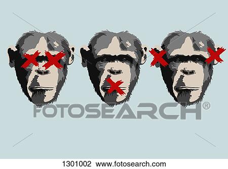 Stock Image - Illustration of three monkeys representing the proverb see no evil, hear no evil, speak no evil. Fotosearch