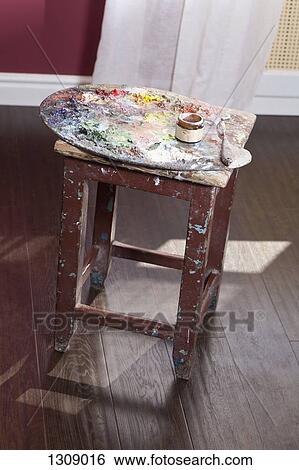 Palette on stool, close-up View Large Photo Image Stock Photograph - Palette on stool, close-up. Fotosearch