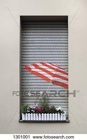 Sunshade painted on blinds and plants in window box View Large Photo Image Stock Image - Sunshade painted on blinds and plants in window box. Fotosearch