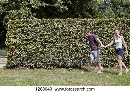 Stock Photo - Young couple holding hands and walking by hedge. Fotosearch