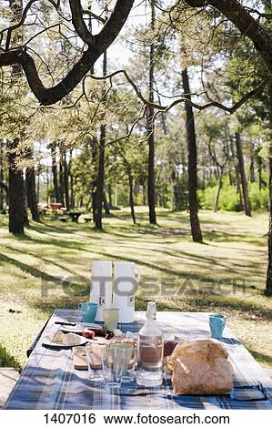 Breakfast served on table in forest View Large Photo Image Stock Photograph - Breakfast served on table in forest. Fotosearch