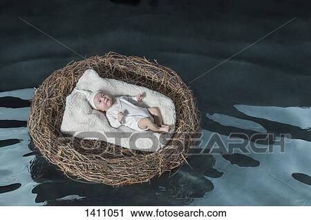Stock Image - High angle view of baby girl in bird's nest floating on pond. Fotosearch