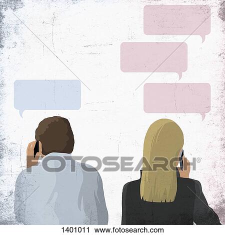Clip Art - Illustration of business people using mobile phone with speech bubble on white background. Fotosearch