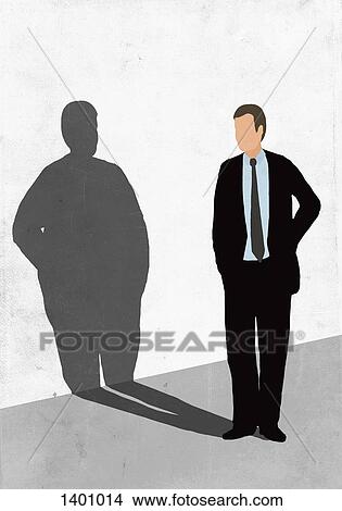 Stock Illustration - Illustration of businessman looking at his fat shadow on white wall representing obesity. Fotosearch