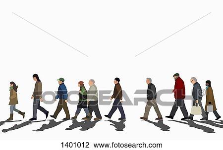 Drawing - Illustration of crowd walking on street against clear sky. Fotosearch