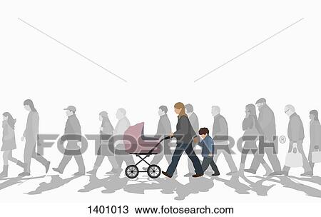 Drawing - Illustration of family walking with crowd on street against clear sky. Fotosearch