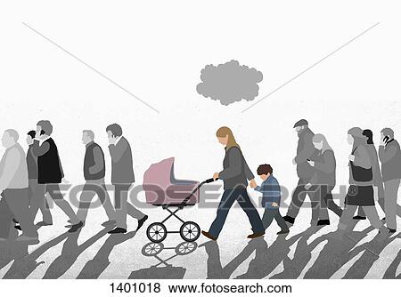 Stock Illustration - Illustration of family walking with crowd on street against sky. Fotosearch