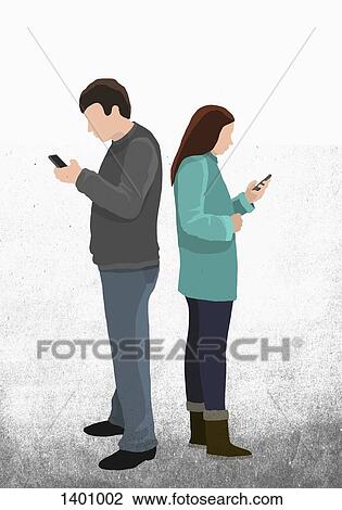 Illustration of friends text messaging through mobile phone while standing back to back against whit View Large Illustration Drawing - Illustration of friends text messaging through mobile phone while standing back to back against whit. Fotosearch