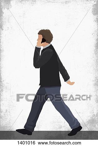 Stock Illustration - Illustration of man using mobile phone while walking on street against white wall. Fotosearch