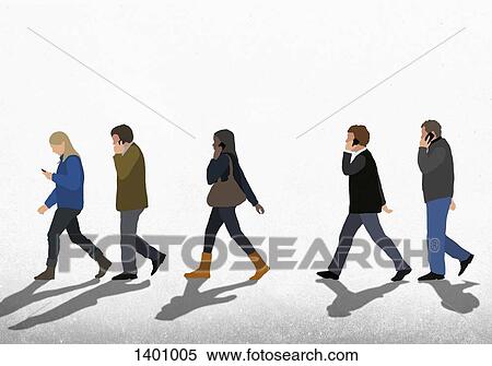Illustration of people using mobile phones while walking on street against clear sky View Large Illustration Stock Illustration - Illustration of people using mobile phones while walking on street against clear sky. Fotosearch