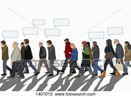 Stock Illustration - Illustration of people with speech bubbles walking on street against clear sky. Fotosearch