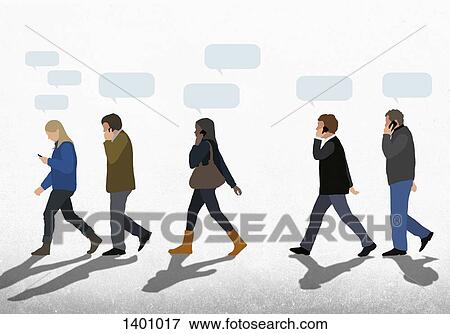 Stock Illustration - Illustration of people with speech bubbles using mobile phones while walking on street against clear. Fotosearch