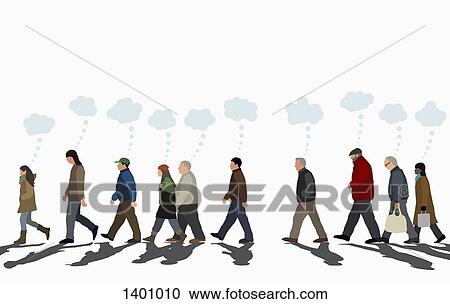 Clipart - Illustration of people with thought bubbles walking on street against clear sky. Fotosearch