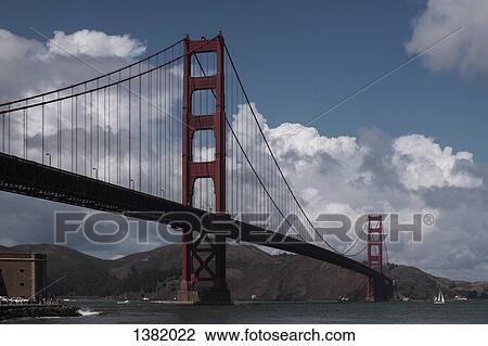 Low angle view of Golden Gate Bridge over river against cloudy sky View Large Photo Image Stock Image - Low angle view of Golden Gate Bridge over river against cloudy sky. Fotosearch