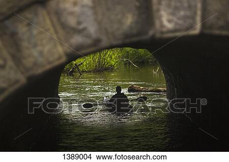 Picture - Rear view of man rowing boat under arch bridge. Fotosearch