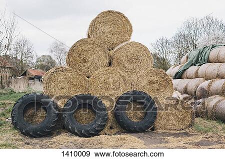Stacked hay bales and tires on farm View Large Photo Image Stock Photo - Stacked hay bales and tires on farm. Fotosearch