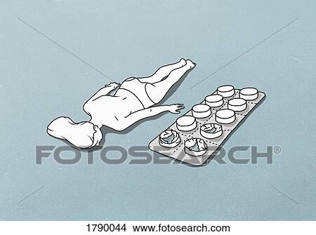 A female figure lying down next to a giant blister pack of tablets View Large Photo Image Picture - A female figure lying down next to a giant blister pack of tablets. Fotosearch