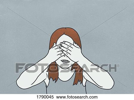 Stock Photography - A girl with brown hair covering her eyes. Fotosearch