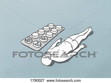 Stock Photo - A male figure lying down next to a giant blister pack of tablets. Fotosearch