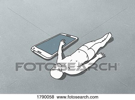 A male figure lying down with hand on a large mobile phone View Large Photo Image Stock Photo - A male figure lying down with hand on a large mobile phone. Fotosearch