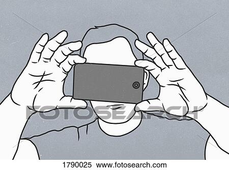 Stock Photography - A man holding mobile phone and taking photograph. Fotosearch