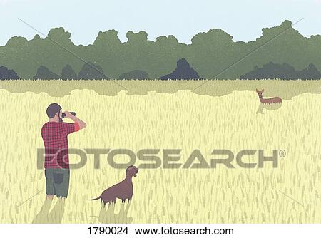 Picture - A man with binoculars and dog standing in field looking at wild deer. Fotosearch