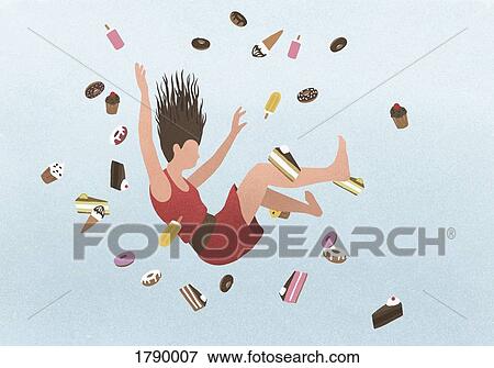 A woman falling amongst sweet junk food View Large Photo Image Stock Photo - A woman falling amongst sweet junk food. Fotosearch
