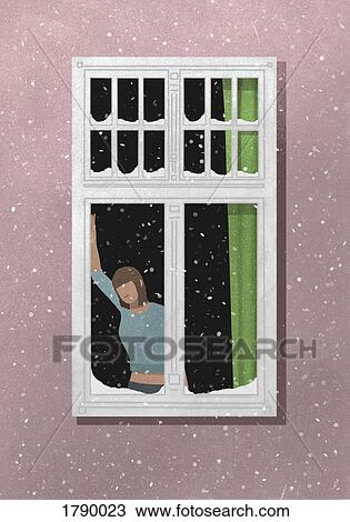 A woman standing by a window with snow falling outside View Large Photo Image Stock Image - A woman standing by a window with snow falling outside. Fotosearch