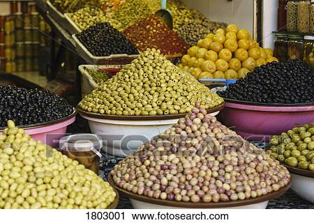Abundant variety of fresh olives on display in souk market stall, Marrakesh, Morocco View Large Photo Image Stock Image - Abundant variety of fresh olives on display in souk market stall, Marrakesh, Morocco. Fotosearch