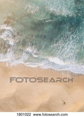 Stock Image - Aerial view from above ocean beach, West Coast, Lisbon, Portugal. Fotosearch