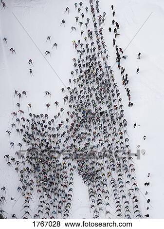 Aerial view large group of skiers on snowy slope, St. Moritz, Switzerland View Large Photo Image Stock Photo - Aerial view large group of skiers on snowy slope, St. Moritz, Switzerland. Fotosearch