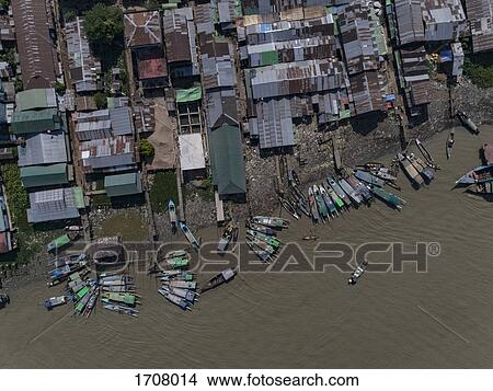 Aerial view of boats moored by harbor, Bogale, Myanmar View Large Photo Image Picture - Aerial view of boats moored by harbor, Bogale, Myanmar. Fotosearch