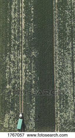 Aerial view tractor in green agricultural crop, Hohenheim, Baden-Wuerttemberg, Germany View Large Photo Image Stock Photo - Aerial view tractor in green agricultural crop, Hohenheim, Baden-Wuerttemberg, Germany. Fotosearch