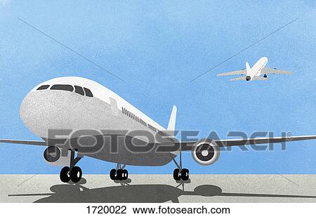 Stock Image - Airplane on runway against blue sky. Fotosearch