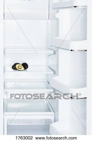 Avocados in open, empty white refrigerator View Large Photo Image Stock Image - Avocados in open, empty white refrigerator. Fotosearch