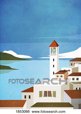 Bell tower above village buildings at waterfront View Large Photo Image Stock Photograph - Bell tower above village buildings at waterfront. Fotosearch