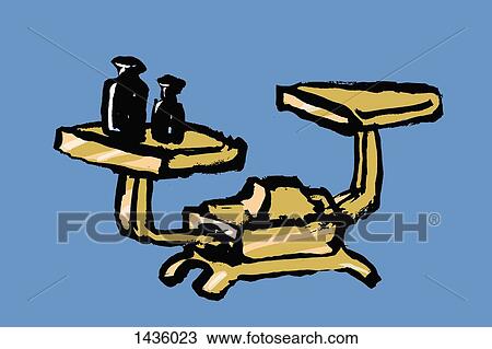 Drawing - Bottles on weight scale against blue background. Fotosearch
