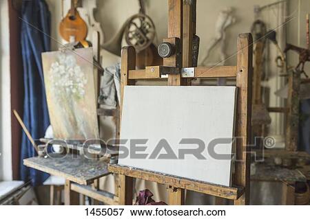 Canvas on easel in art studio View Large Photo Image Stock Photo - Canvas on easel in art studio. Fotosearch