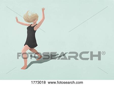Stock Photo - Carefree barefoot woman in dress dancing on blue background. Fotosearch
