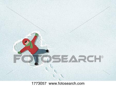 Stock Photo - Carefree boy making snow angel. Fotosearch