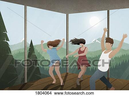 Carefree friends dancing in glass house with sunny mountain and forest view View Large Photo Image Picture - Carefree friends dancing in glass house with sunny mountain and forest view. Fotosearch
