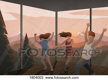 Carefree friends dancing in house with sunset mountain view View Large Photo Image Stock Image - Carefree friends dancing in house with sunset mountain view. Fotosearch