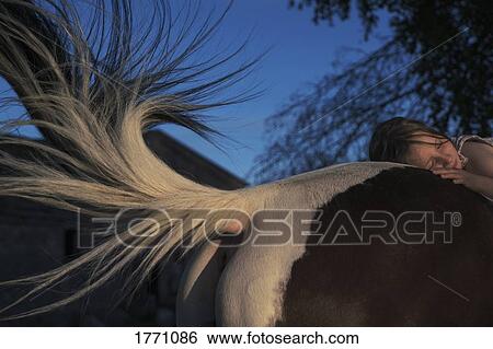 Carefree girl laying on horse View Large Photo Image Stock Photograph - Carefree girl laying on horse. Fotosearch