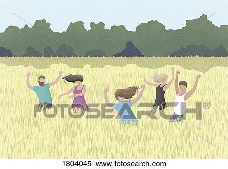 Carefree people dancing in rural wheat field View Large Photo Image Stock Photography - Carefree people dancing in rural wheat field. Fotosearch
