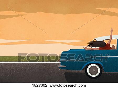Carefree woman enjoying road trip, leaning out of car window View Large Photo Image Stock Image - Carefree woman enjoying road trip, leaning out of car window. Fotosearch