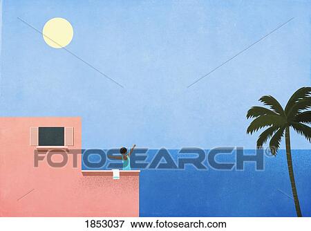 Carefree woman stretching on sunny oceanside villa View Large Photo Image Stock Photo - Carefree woman stretching on sunny oceanside villa. Fotosearch