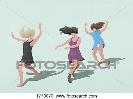 Carefree women in dresses dancing on blue background View Large Photo Image Stock Image - Carefree women in dresses dancing on blue background. Fotosearch