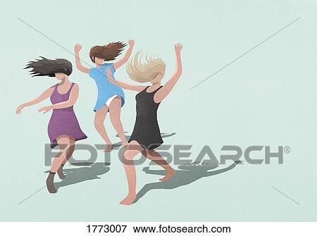 Carefree women in dresses dancing on blue background View Large Photo Image Stock Photo - Carefree women in dresses dancing on blue background. Fotosearch