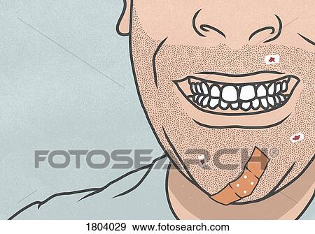 Close up man with shaving nicks and bandage on face View Large Photo Image Stock Photo - Close up man with shaving nicks and bandage on face. Fotosearch